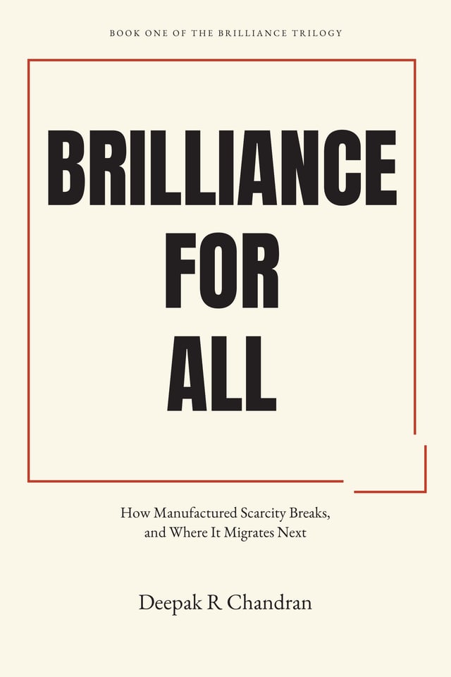 Front cover of Brilliance for All by Deepak R Chandran: the title in heavy black capitals inside a red rule on a cream ground
